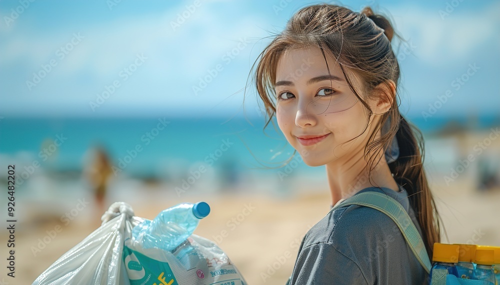 Sticker Close up of female volunteer holding a bag with garbage and plastic bottle in her hands. 