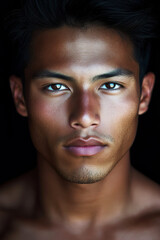 Obraz premium Portrait of a young male with striking features and smooth skin against a dark studio background, showcasing natural beauty and captivating presence.