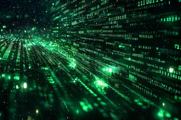 Green Dark Binary Code with Data Streaming Background created with Generative AI