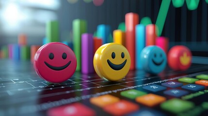 Consumer sentiment analysis, emotive faces and colorful charts, 3D illustration