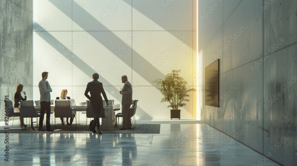 Poster a group of professionals engaged in a discussion, illuminated by natural light streaming through lar