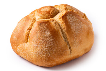 Michetta intera isolata su fondo bianco, tradizionale pane del nord Italia, gastronomia europea 