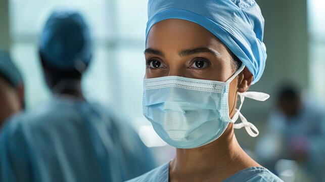 A female doctor in a blue coat, a surgical mask and a blue cap looks straight to the side against the backdrop of the hospital premises.