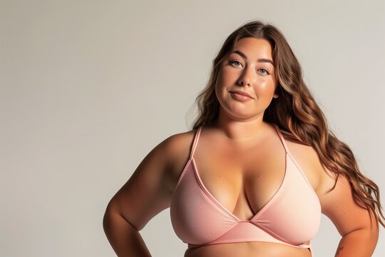 A woman with long brown hair wearing a pink bra stands against a light background with her arms crossed, looking into the camera.