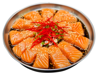 Salmon marinated in soy sauce, Korean, Japanese, Asian style, sprinkled with white sesame seeds and sliced ​​chili, dicut, PNG file, isolated background.