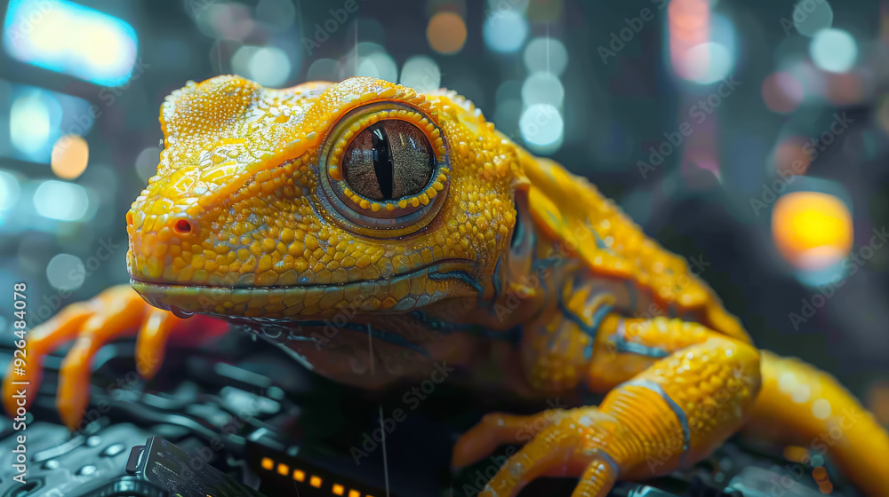 Poster a computer monitor shows a yellow frog looking at the camera. the frog is sitting on a keyboard, and