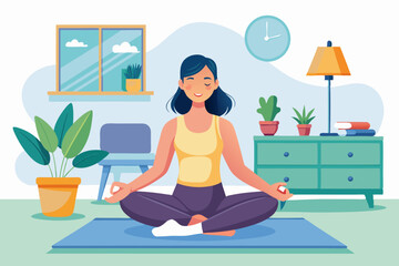 Happy woman doing yoga at home. Relaxation and concentration. Healthy and active lifestyle
