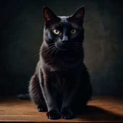 Portrait of a smart black cat sitting in a black room