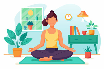 Happy woman doing yoga at home. Relaxation and concentration. Healthy and active lifestyle
