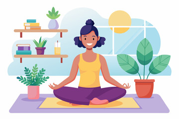 Happy woman doing yoga at home. Relaxation and concentration. Healthy and active lifestyle
