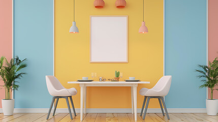 Fototapeta premium A minimalist dining room with a bright yellow wall, blue and pink accent walls, a large framed picture, and two white chairs around a white table.