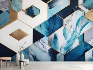  feather design on light 3D wallpaper, grey marble, wood hexagon tiles, white golden accents, black seams, Illustration, realistic texture,