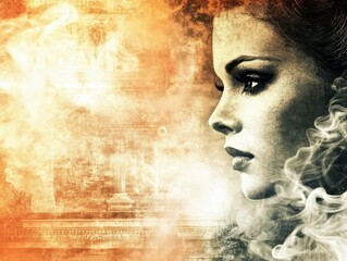 A captivating portrait of a woman surrounded by ethereal smoke and vibrant colors, evoking mystery and emotion.