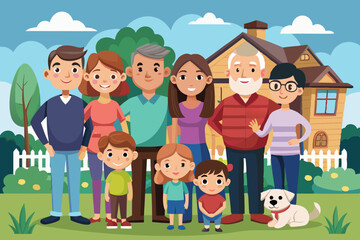 Portrait of a happy big family in front of the backyard of the house. Parents, children, grandmother, grandfather and pet together
