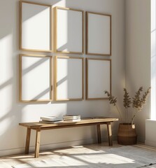 Minimalist interior with empty picture frames and wooden table Soft sunlight casts shadows