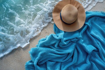 blue towel with hat and summer beach