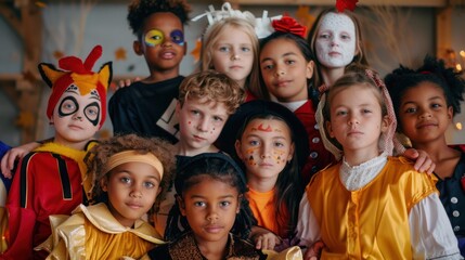 A group of diverse children in colorful Halloween costumes, posing for a photo.