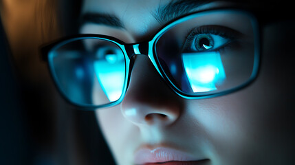 Close-Up of Computer Screen Reflection in Woman's Glasses in Dark Room
