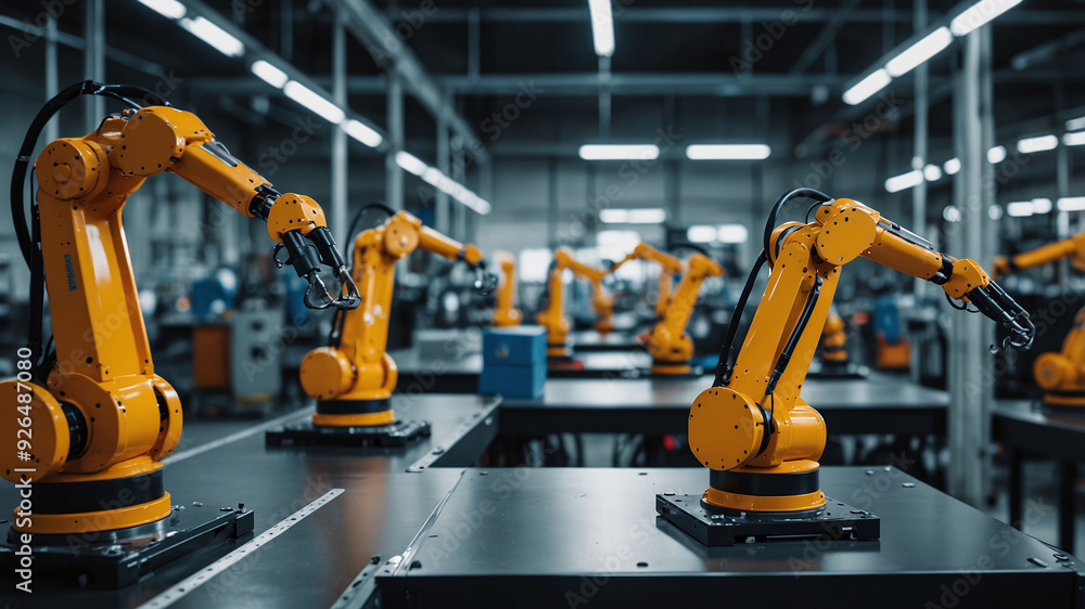 Poster industrial robots working in a high-tech automated manufacturing factory