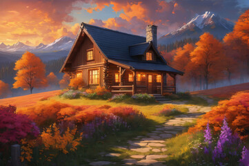 A house in the mountains. Autumn landscape.