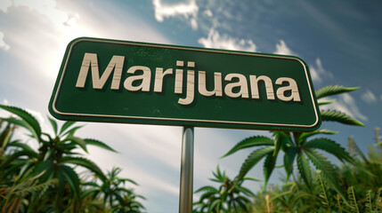 Fototapeta premium Weathered, green sign displaying the word marijuana stands before a field of cannabis plants growing under a blue sky