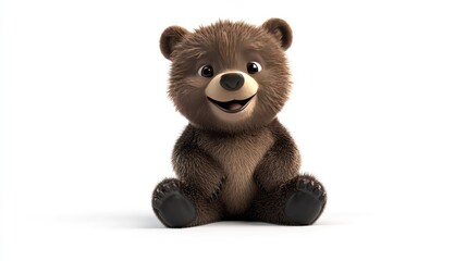 A 3D rendering of a cute baby bear with a happy expression, sitting on a white background.