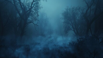 Obraz premium Halloween mystic background at dense dark forest, with twisted trees and hanging moss. The moonlight filters through the branches, eerie, shadowy ambiance, mysterious illustration, banner with space