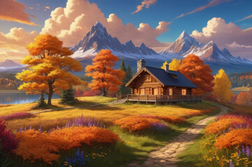 A house in the mountains. Autumn landscape.