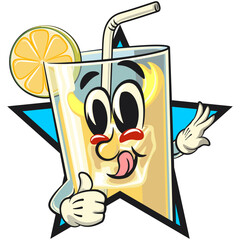 lemon ice cartoon character retro vector design out from of a star by giving an OK sign, work of hand drawn
