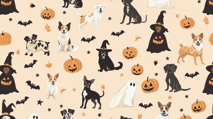 A Halloween pattern featuring dogs in various costumes like pumpkins, witches, and ghosts.