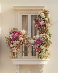 Fototapeta premium Beautiful balcony adorned with vibrant floral arrangements in shades of pink and white against a soft beige wall