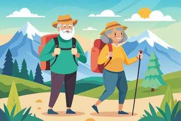 Seniors on hiking. Mature man and woman with backpacks and sticks climb the mountain. Happy elderly couple is engaged in active recreation
