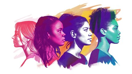 Multicolored portrait of diverse women in profile, celebrating Women's Equality Day, unity, and empowerment