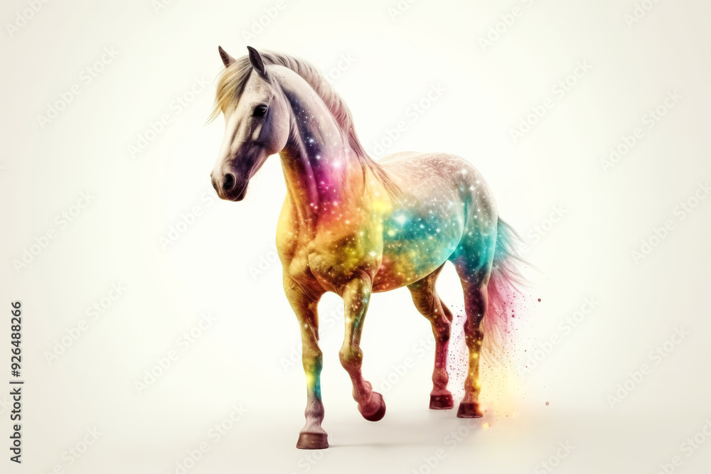 Poster a colorful unicorn with a rainbow tail walks across a white background. the image is a work of art, 