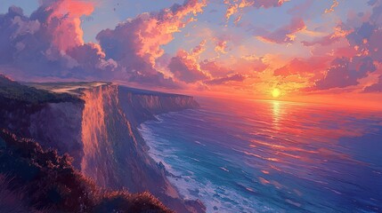 Beautiful sunset over a serene coastal cliff, with the sky lit up in fiery colors and the ocean stretching into the horizon.