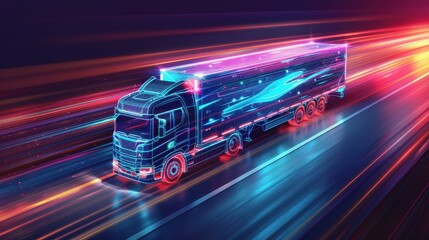 Fototapeta premium A futuristic truck racing through vibrant neon lights, showcasing speed and modern technology in motion.