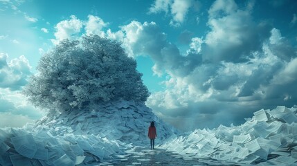 Person looking at a mountain of debt paperwork, illustrating financial distress.