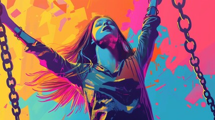 Vibrant artistic illustration of woman breaking free from chains, representing empowerment, freedom, and resilience against a backdrop of vivid colors.