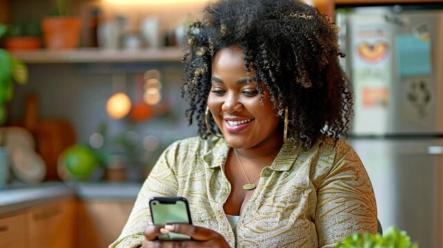 Gorgeous plus-size African woman having a nutritious lunch at home while using her smartphone