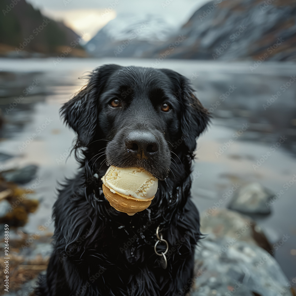Poster a dog is eating an ice cream cone on a beach. the dog is smiling and he is enjoying the treat. the b