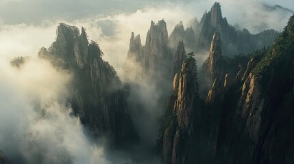 Bird's-eye view of the scenic Huangshan (Yellow Mountains), capturing the dramatic peaks and mist-covered ridges.