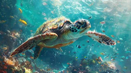 Fototapeta premium A majestic sea turtle glides through vibrant coral reefs, surrounded by colorful fish and shimmering ocean water.