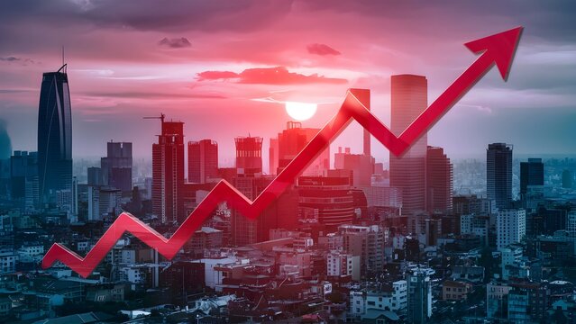 Housing business sector and business property profit idea with red growth chart with arraw and cityscape on foundation, twofold openness