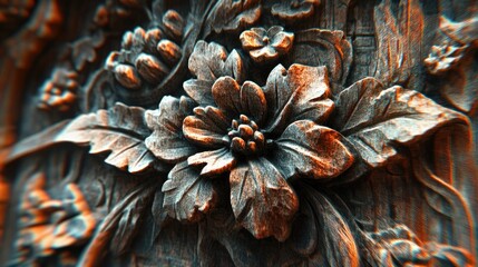 Obraz premium Close-up 3D photography of a Thai temple carving, with intricate floral patterns emerging from the stone surface.