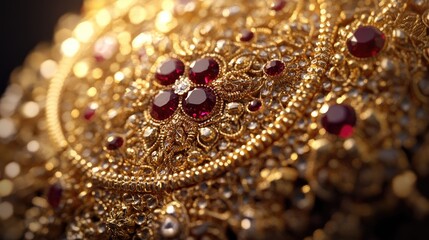 Close-up 3D photography of a traditional Thai jewelry piece, highlighting the raised gold designs and embedded gemstones.