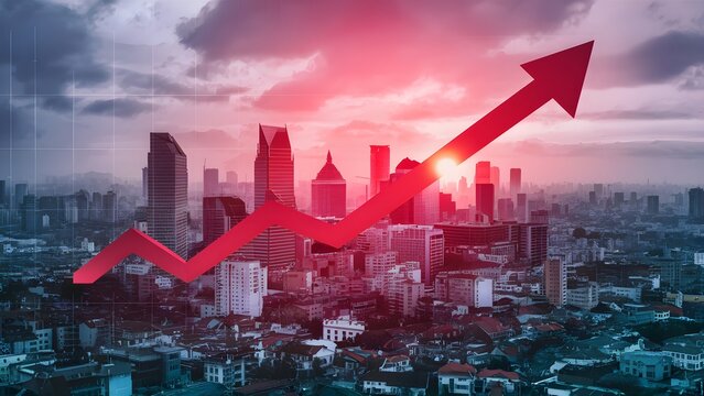 Housing business sector and business property profit idea with red growth chart with arraw and cityscape on foundation, twofold openness