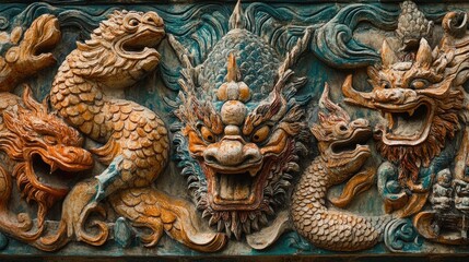 Fototapeta premium Close-up 3D view of a Thai mural, focusing on the raised elements of mythical creatures and gods.