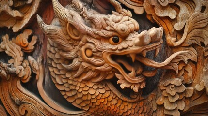 Close-up 3D view of a Thai mural, focusing on the raised elements of mythical creatures and gods.