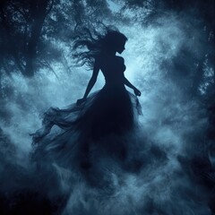 Ghostly silhouette of a woman in a flowing dress, floating through a dark forest, legends, haunting beauty
