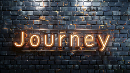 Neon sign with the word journey on a black brick wall with gold trim